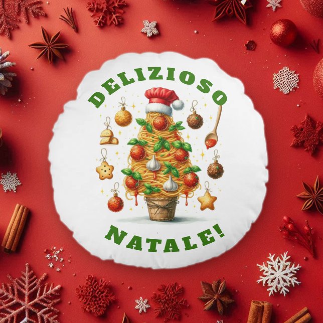 Funny Spaghetti Christmas Tree Delizioso Natale! Round Pillow (Funny Christmas Spaghetti Tree Round Pillow Cover Photo)