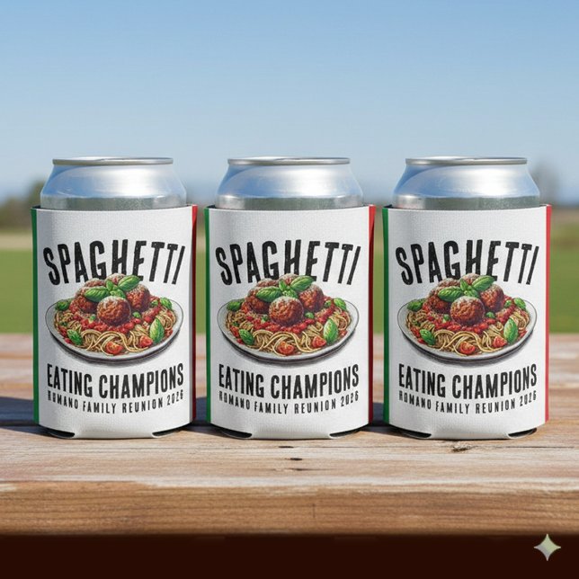 Funny Spaghetti Eating Champion Family Reunion Can Cooler (Funny Spaghetti Eating Champions Italian Family Reunion Can Coolers Cover Photo)