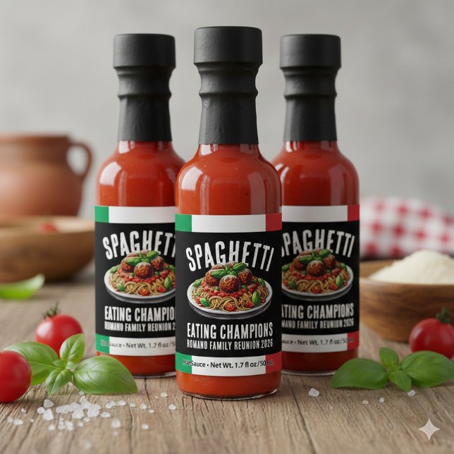 Funny Spaghetti Eating Champions Family Reunion Hot Sauces (Funny Spaghetti Eating Champions Italian Family Reunion Hot Sauce Favors Cover Photo)