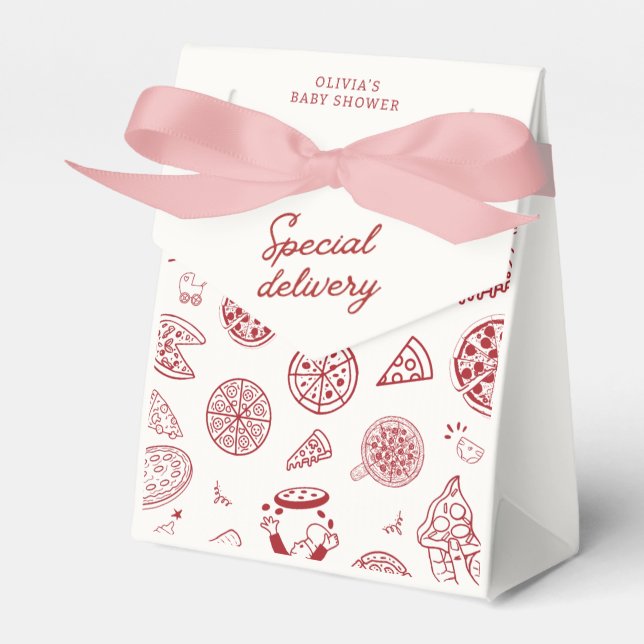 Funny special delivery pizza baby shower favor boxes (Front Side)