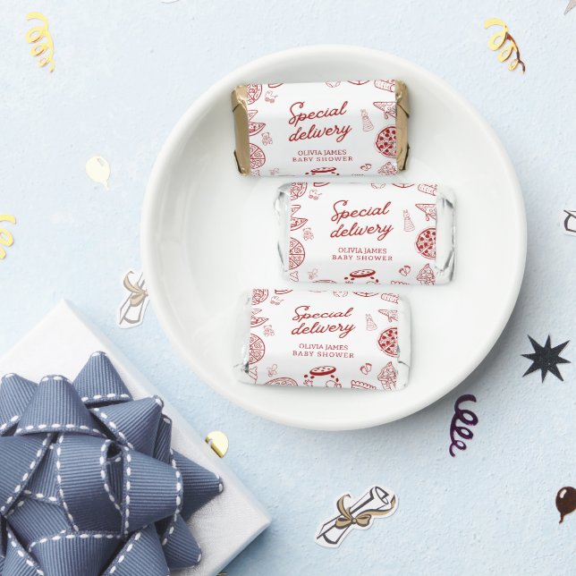 Funny special delivery pizza baby shower hershey's miniatures (Party)