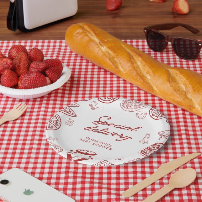 Funny special delivery pizza baby shower paper plates (Picnic)