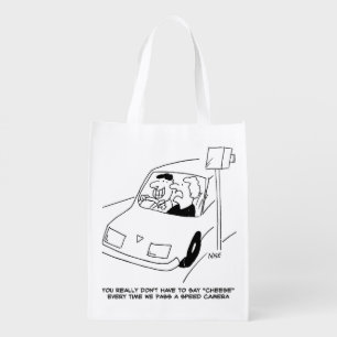 Funny Speed Camera Cartoon Shows Man Driving Grocery Bag