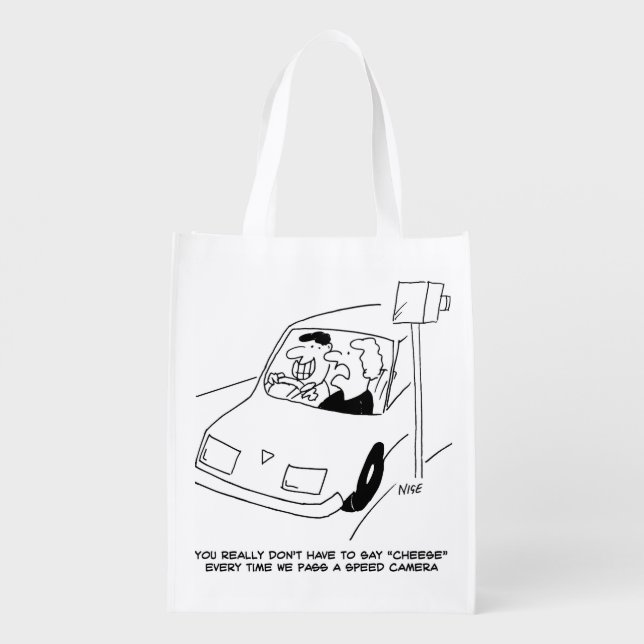 Funny Speed Camera Cartoon Shows Man Driving Grocery Bag (Back)