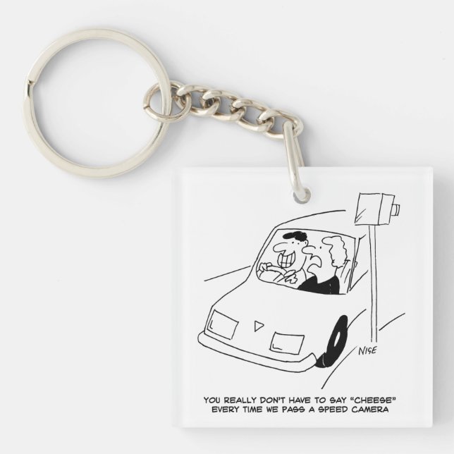 Funny Speed Camera Cartoon Shows Man Driving Keychain (Front)