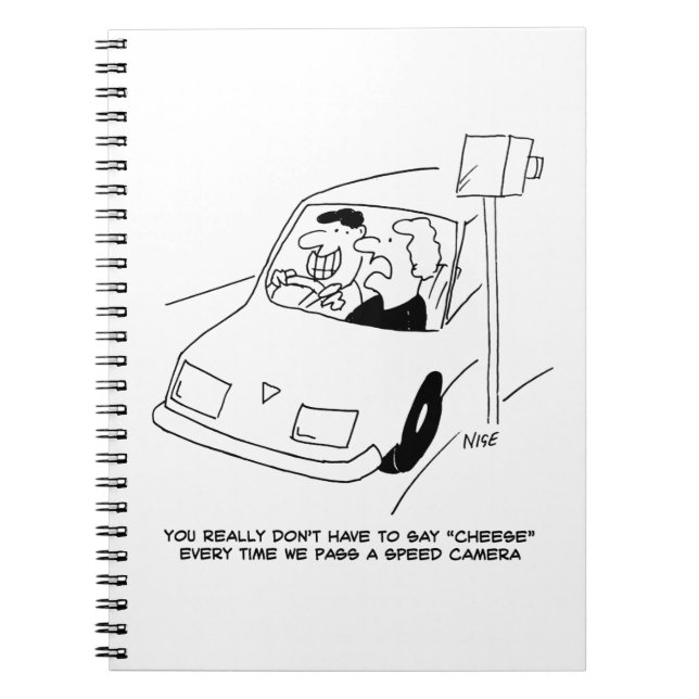 Funny Speed Camera Cartoon Shows Man Driving Notebook (Front)