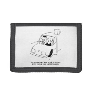 Funny Speed Camera Cartoon Shows Man Driving Tri-fold Wallet