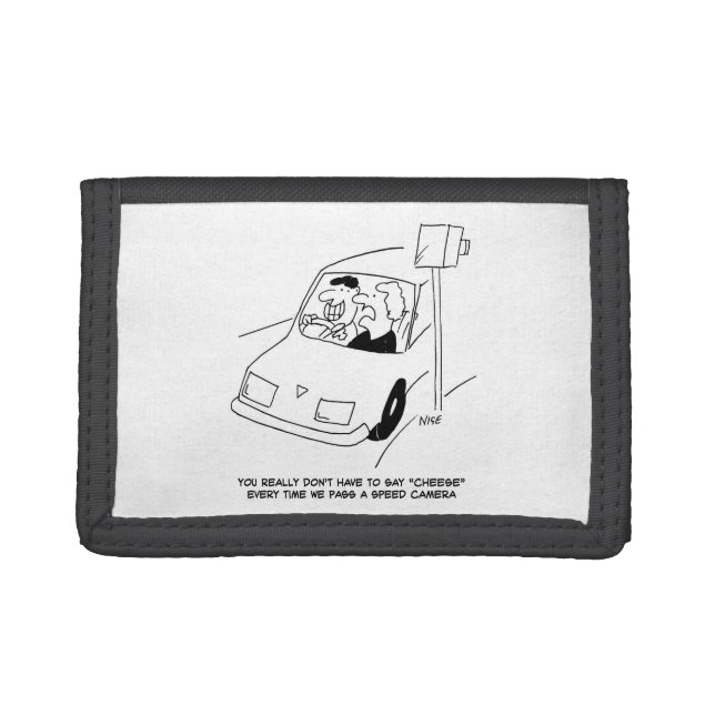 Funny Speed Camera Cartoon Shows Man Driving Trifold Wallet (Front)