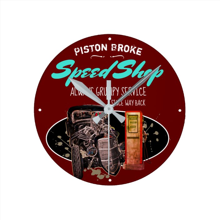 Funny Speed Shop Piston Broke Grumpy Dark Red Round Clock Zazzle Com