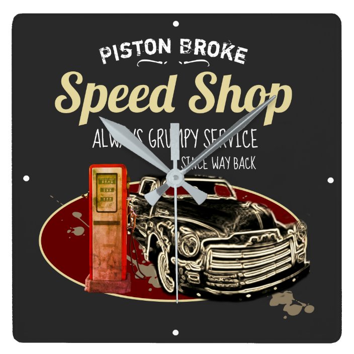 Funny Speed Shop Piston Broke Grumpy Service Square Wall Clock Zazzle Com