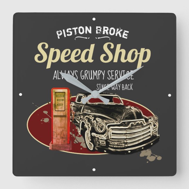 Funny Speed Shop Piston Broke Grumpy Service Square Wall Clock (Front)