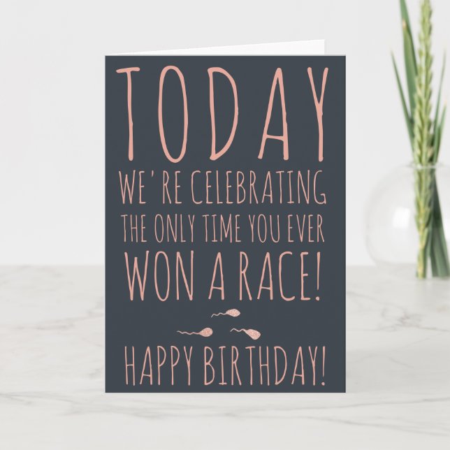 Funny sperm race rose gold script happy birthday card (Front)