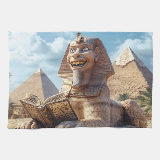 Funny Sphinx Statue Reading Ancient Book in Egypt  Kitchen Towel (Horizontal)
