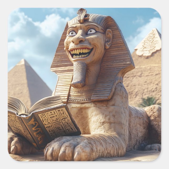 Funny Sphinx Statue Reading Ancient Book in Egypt  Square Sticker (Front)