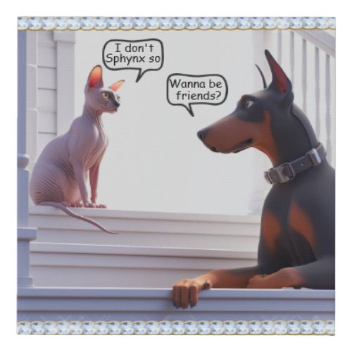 Funny Sphynx and Doberman Faux Canvas Print