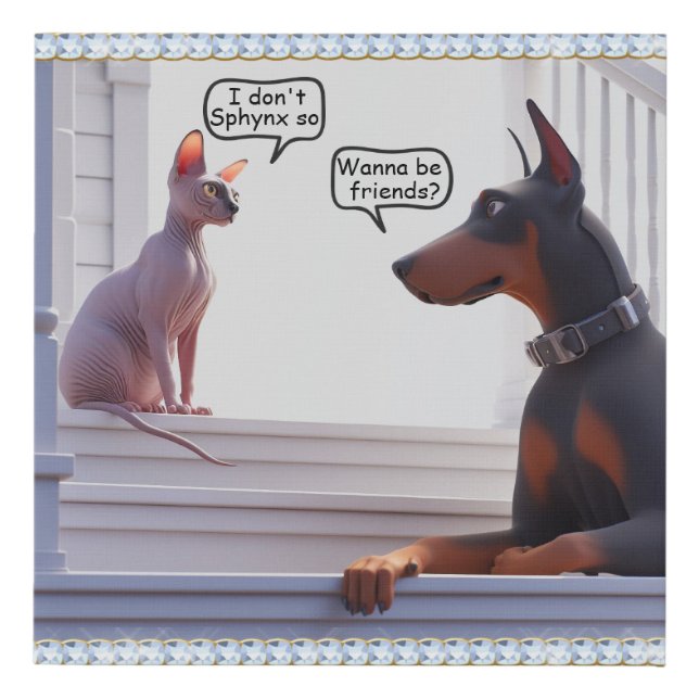 Funny Sphynx and Doberman Faux Canvas Print (Front)