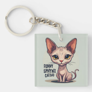Funny Sphynx Cat Dad Cartoon Art Keychain