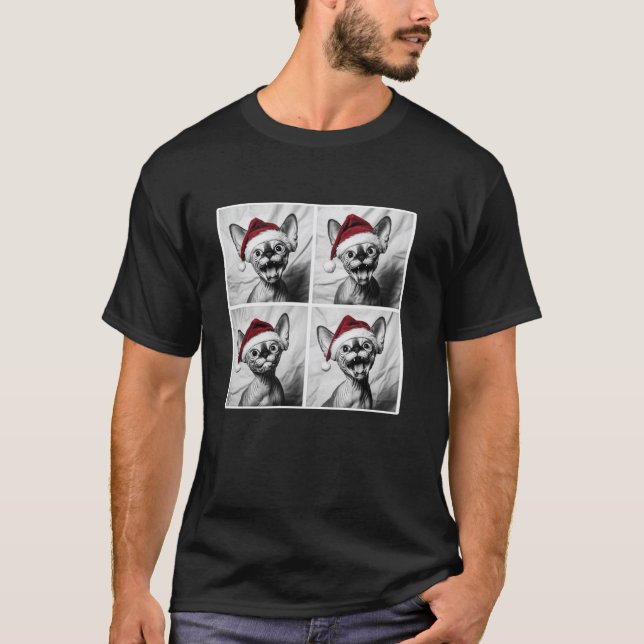 Funny Sphynx Cat in Santa Hat Christmas Photobooth T-Shirt (Front)