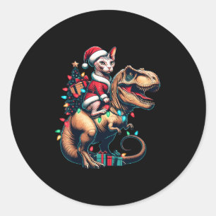 Funny Sphynx Cat Rides Santa T-rex Vintage Christm Classic Round Sticker