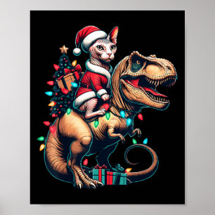 Funny Sphynx Cat Rides Santa T-rex Vintage Christm Poster