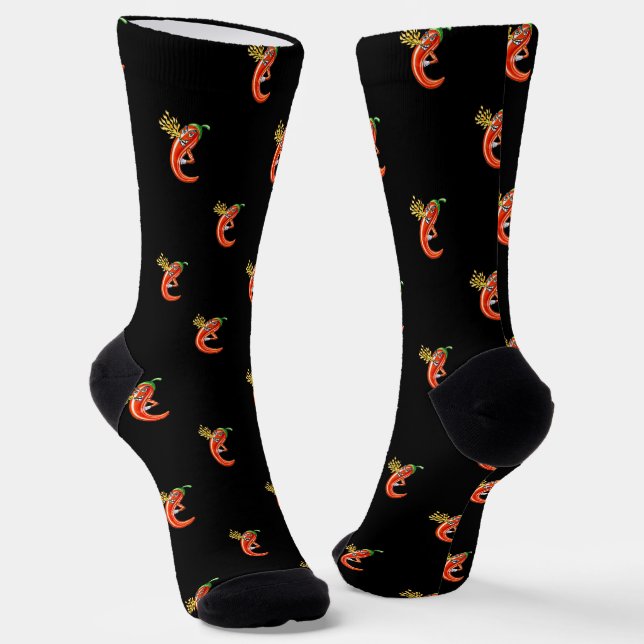 Funny Spicy Chili On Fire Pattern Socks (Angled)