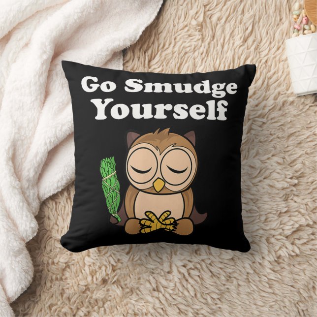 Funny Spiritual Go Smudge Yourself Owl Meditating Throw Pillow (Blanket)