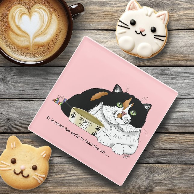 Funny Spoiled Calico Feed Cat Pink Glass Coaster (Creator Uploaded)