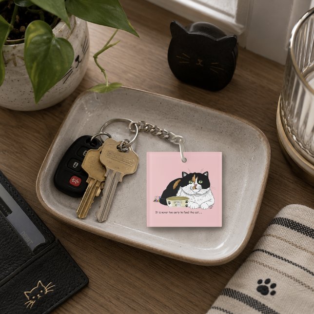 Funny Spoiled Calico Feed Cat Pink Keychain (Creator Uploaded)