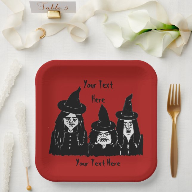 funny spooky black witches scary fun halloween paper plates (Wedding)