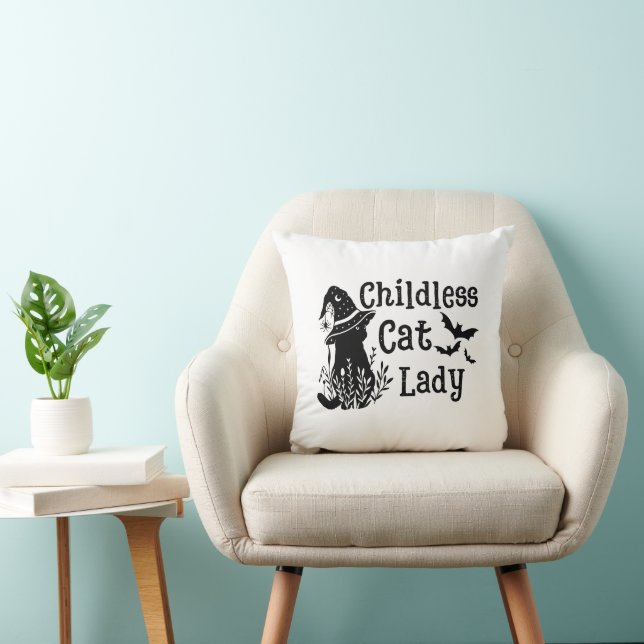Funny Spooky Cute Halloween Childless Cat Lady  Throw Pillow (Chair)