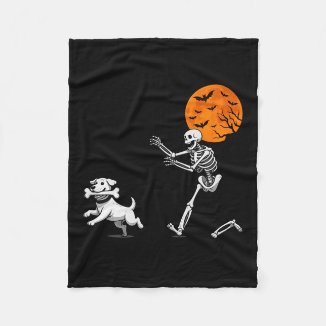 Funny Spooky Humor Halloween Skeleton Chasing Dog  Fleece Blanket (Front)