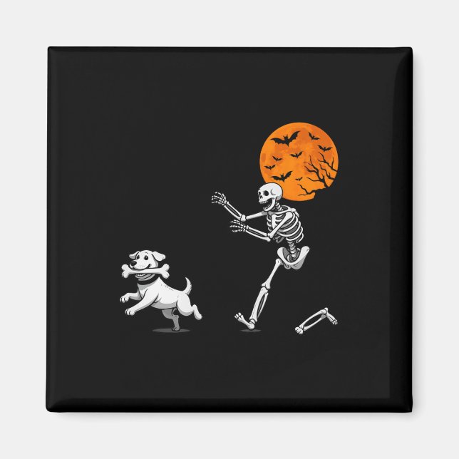Funny Spooky Humor Halloween Skeleton Chasing Dog  Magnet (Front)