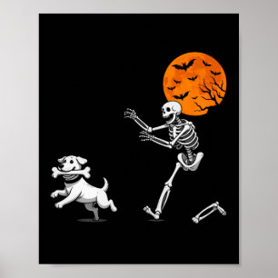 Funny Spooky Humor Halloween Skeleton Chasing Dog Poster