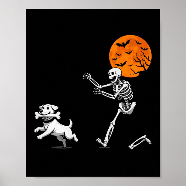 Funny Spooky Humor Halloween Skeleton Chasing Dog  Poster (Front)