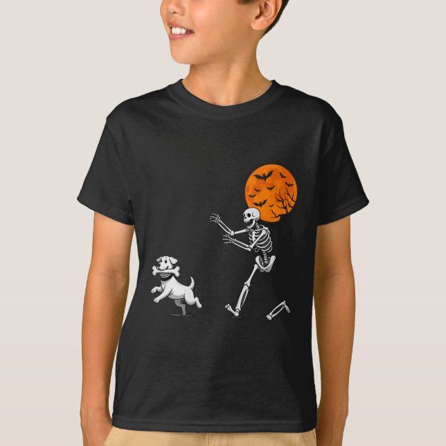 Funny Spooky Humor Halloween Skeleton Chasing Dog  T-Shirt (Front)