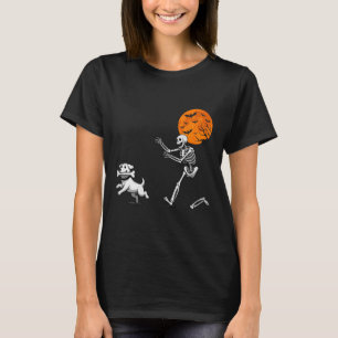 Funny Spooky Humor Halloween Skeleton Chasing Dog T-Shirt