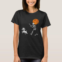 Funny Spooky Humor Halloween Skeleton Chasing Dog  T-Shirt