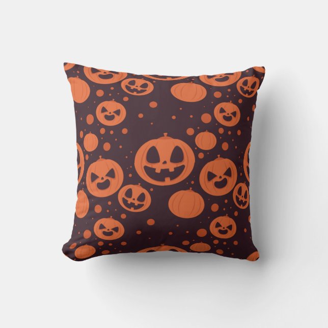 Funny Spooky Pumpkin Faces with Brown background Throw Pillow (Front)