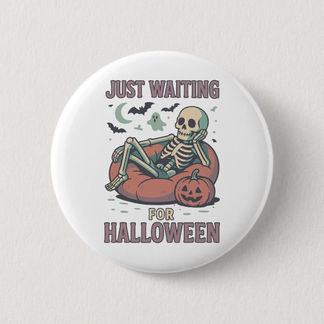 Funny Spooky Skeleton Summerween Waiting For Hallo Button (Front)