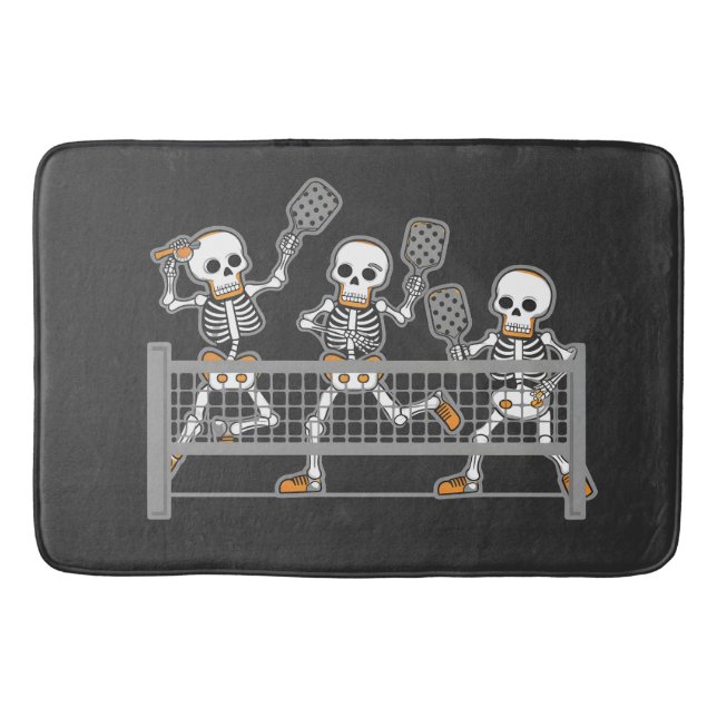 Funny Spooky Three Skeleton Playin Pickleball Gift Bath Mat (Front)