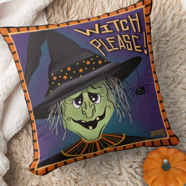 Funny Spooky Witch Please Cute Halloween  Throw Pillow (Sunny witch, please Inspirivity Halloween pillow)