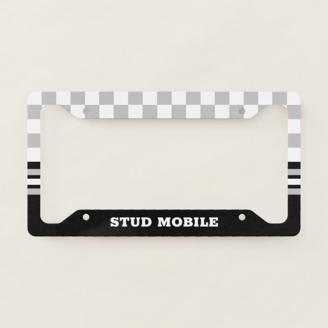 Funny Sporty Checkered and Stripes | BLACK License Plate Frame (Front)
