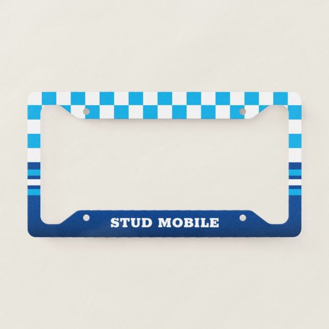 Funny Sporty Checkered and Stripes | BLUE License Plate Frame (Front)