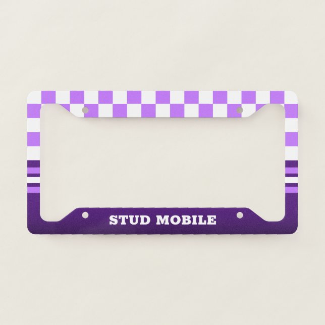 Funny Sporty Checkered and Stripes | PURPLE License Plate Frame (Front)