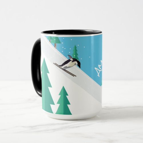 Funny Sporty Penguin on Ski Slopes Winter Snow Mug