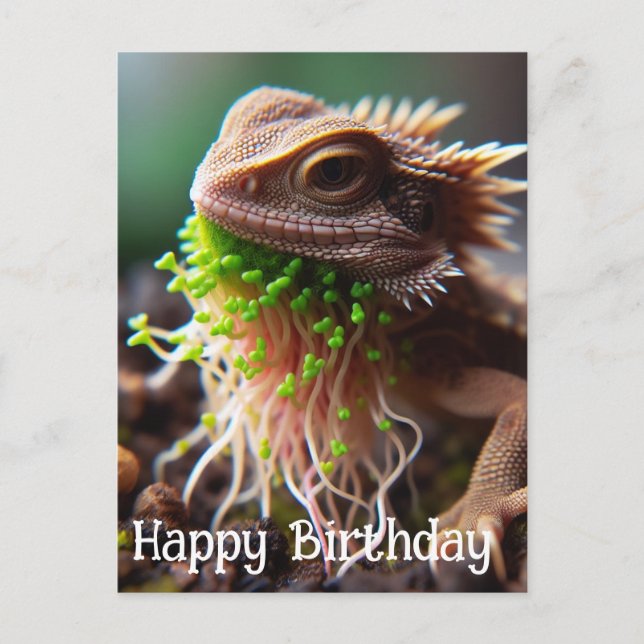 Funny Sprouting Lizard in the Moss Garden Birthday Postcard (Front)
