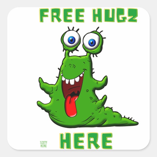 funny square sticker  "FREE HUGZ..." (Front)