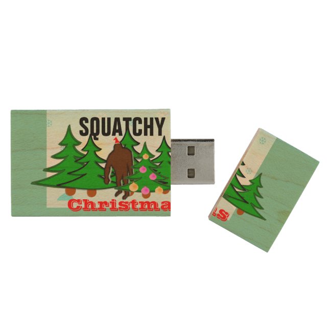 Funny Squatchy Christmas Bigfoot Wood USB Flash Drive (Opened)