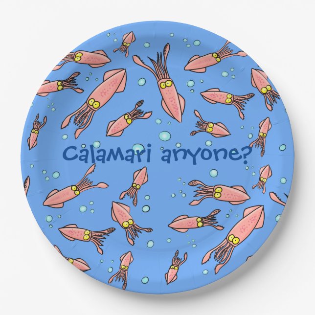 Funny squid school with bubbles cartoon paper plates (Front)