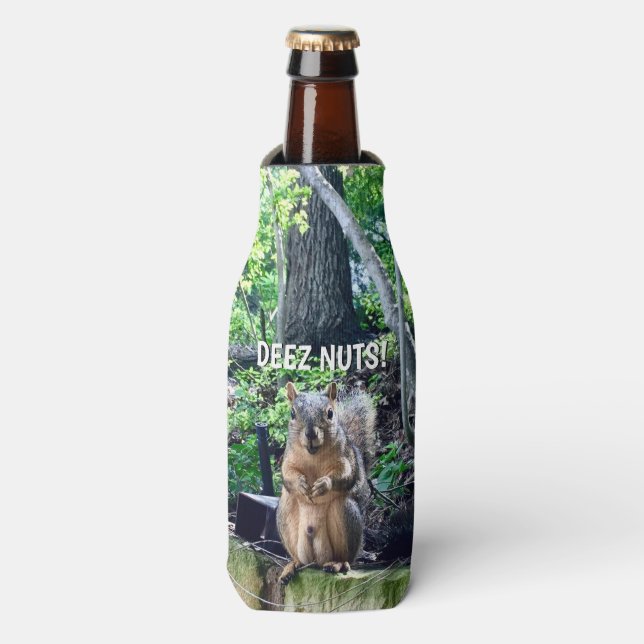 Funny Squirrel Deez Nuts Inappropriate Humor Bottle Cooler (Bottle Front)